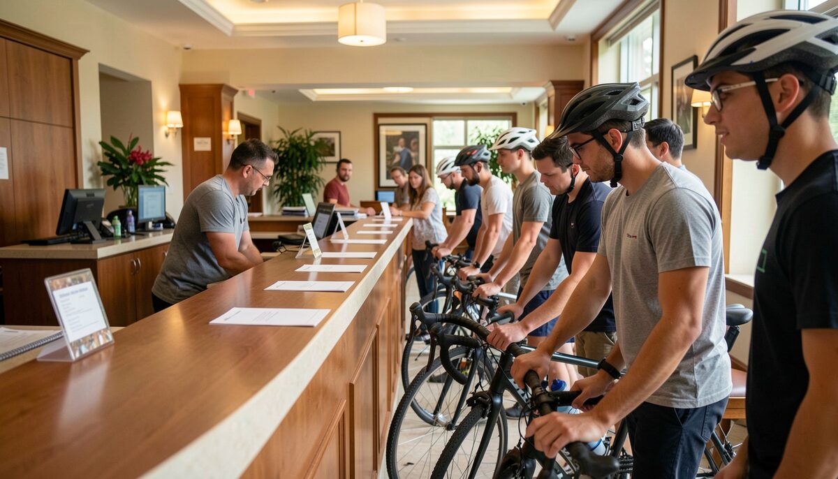 A registration desk queue in a hotel lobby. Signing up meant paperwork, a fundraising pledge and a team choice.