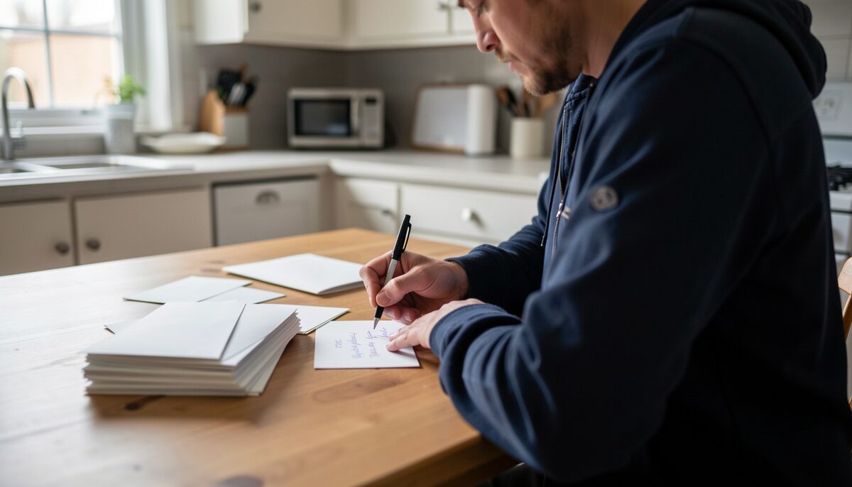 Thank-you cards being written at a kitchen table. Every rider owed a fundraising minimum before the start line.