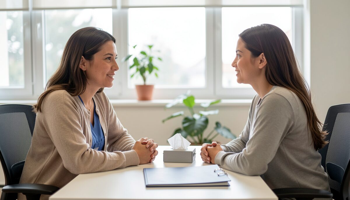 A caseworker and a client in a bright office. HIV services in North Texas now look more like this than like a hospital ward.