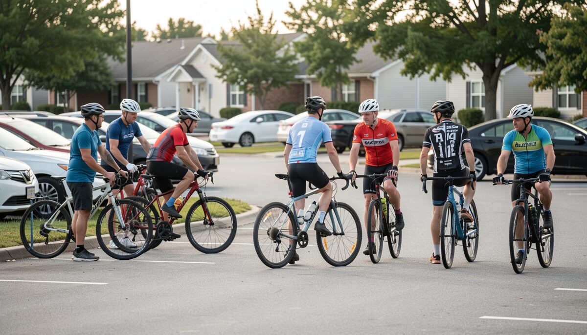 Cyclists gathering in a suburban parking lot before a group ride. Charity riding in North Texas is mostly this scale now.