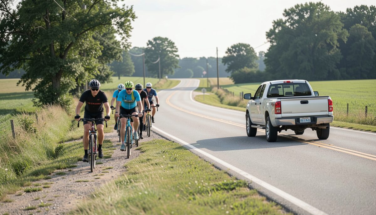 Single file on a farm-road shoulder as a pickup passes wide. The rule that kept the ride alive for thirteen years.