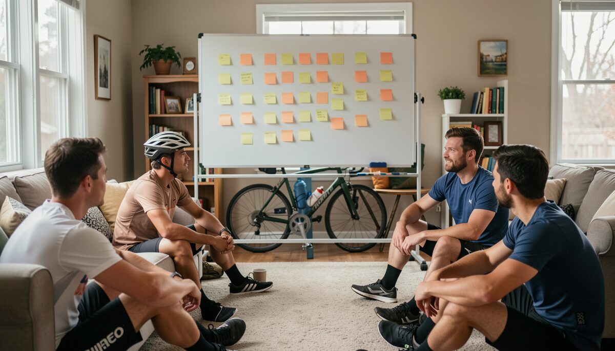 A team meeting with sticky notes on a whiteboard. Captains recruited riders, chased pledges and held the group together.